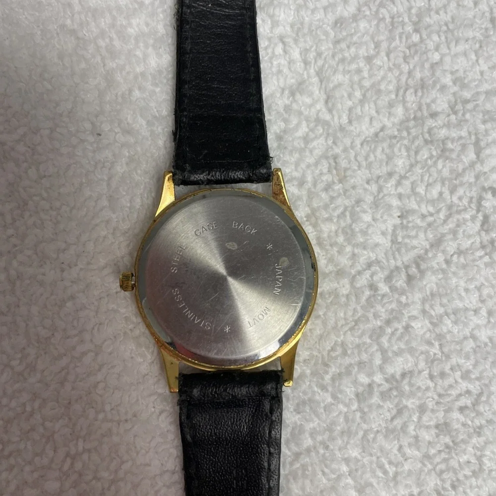 Vintage Mens Time Dressy Gold Tone Black Leather Strap Analog Quartz Watch #7